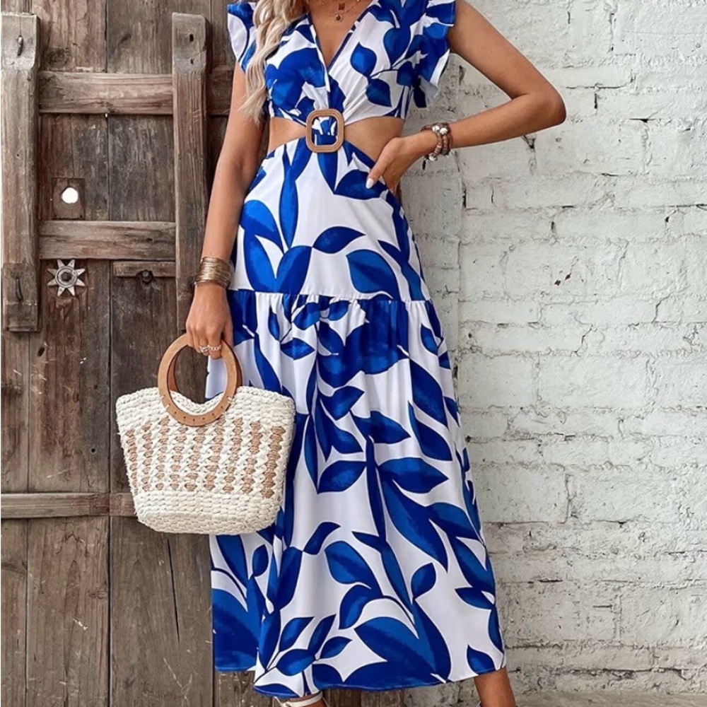 Blue Leaf Print Cutout Maxi Dress Size Large